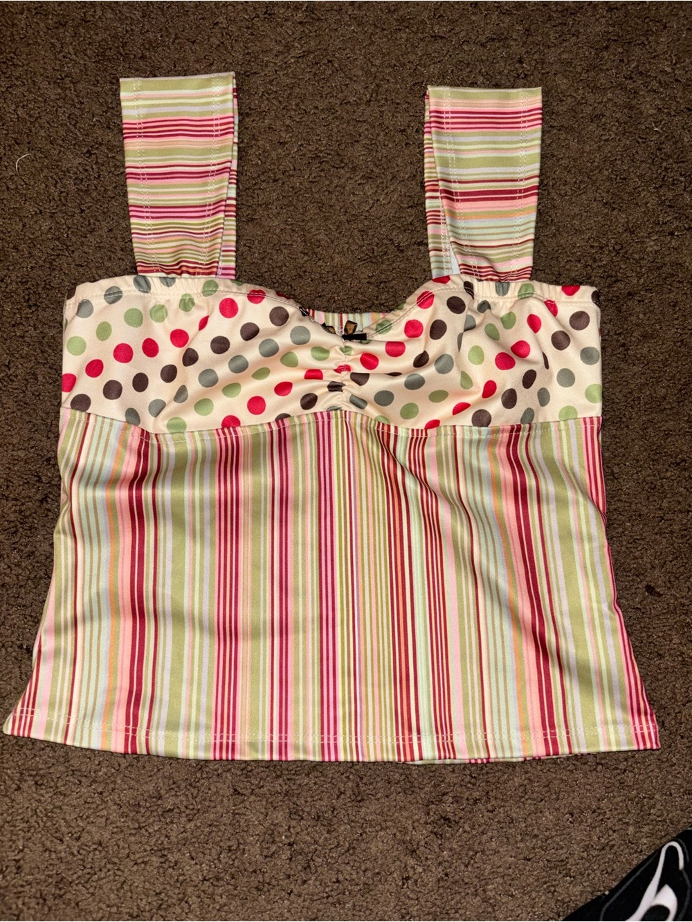 SHEIN Pink Green Cream Striped & Polka Dot Tank Top